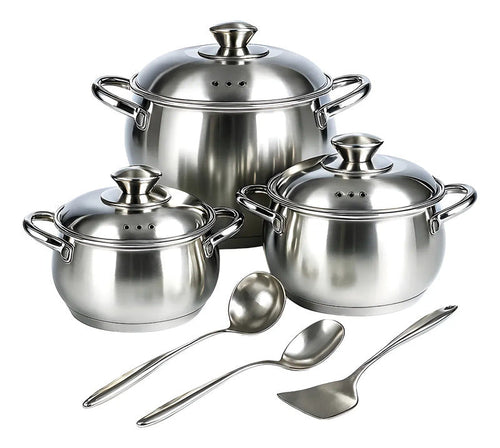Batería De 3 Ollas Swisshome Acero Inoxidable Con Accesorios Color Plateado