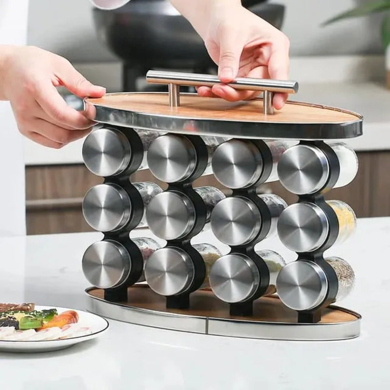Especiero Condimentero Set 12 Frascos Acero Madera Cocina