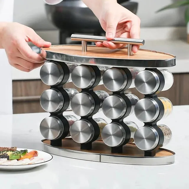 Especiero Condimentero Set 12 Frascos Acero Madera Cocina
