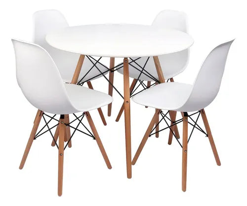 Kit Comedor Redondo Zebbris +4 Sillas Tipo Eames Blancas