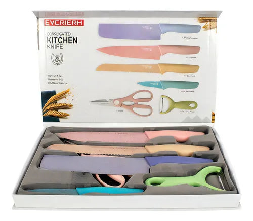 Set Cuchillos 6 Pzs Acero Inoxidable Mármol Mango Ergonómico Color Pastel
