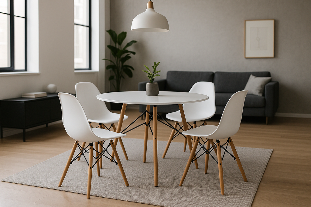 Kit Comedor Redondo Zebbris +4 Sillas Tipo Eames Blancas